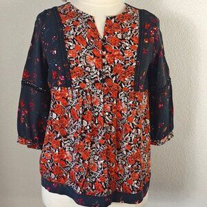 Caffé Marrakesh Size L  Floral 3/4 Sleeve Babydoll Boho Blouse Hippie Top